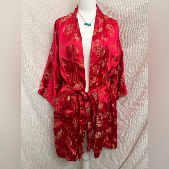 Vintage Japanese Kimono Robe Adult Large Red Gold from Japan Whitby F2 - Picture 2 of 12